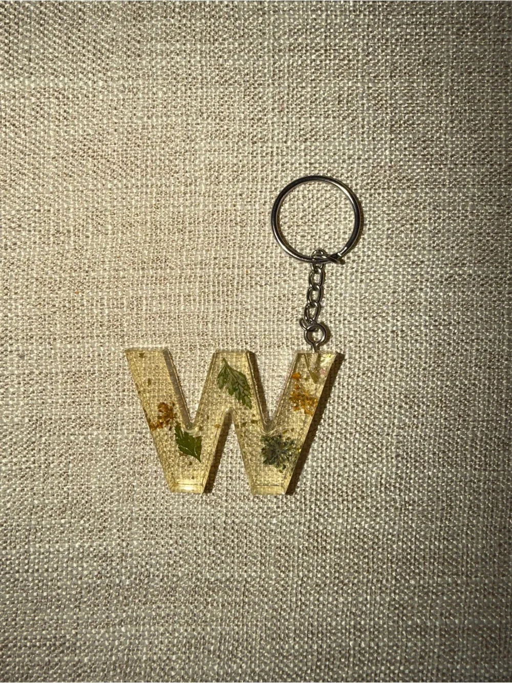 Resin Letter W Keychain - Gold with Botanical Inlay